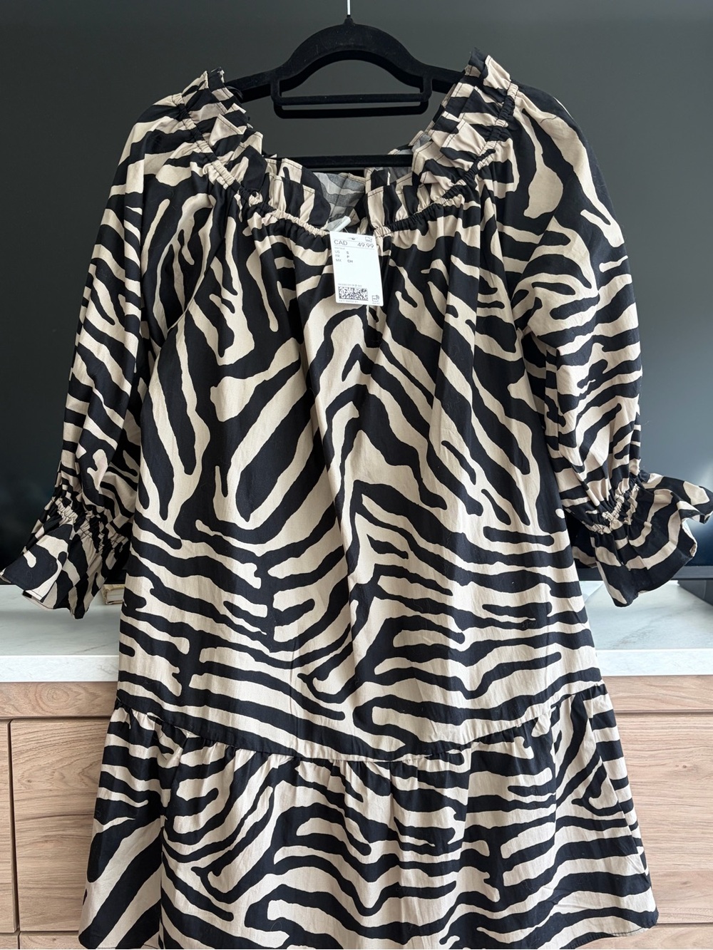 H&M S Women's Zebra Print Puff Sleeve Tunic Dress - Black & Cream
